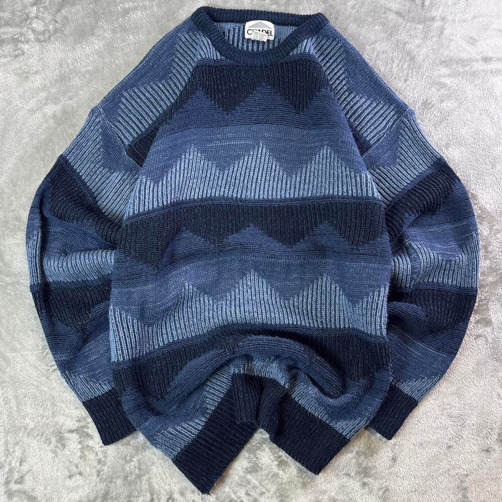 Vintage Citadel Knit Sweater Blue Patterned Acrylic Crewneck Made in Korea L